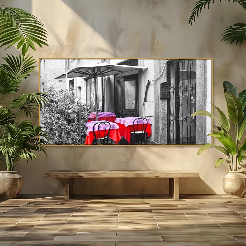 Tablou canvas cu cafenea stradala vintage alb negru cu pete de rosu, in rama de aluminiu auriu
